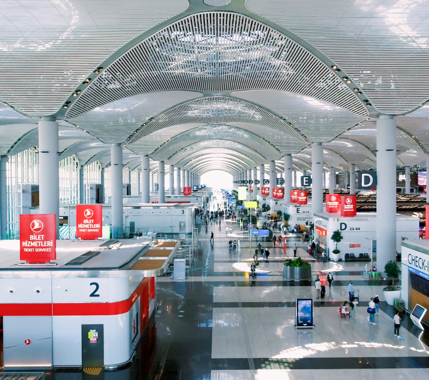 airport waiting and check-in area wide angle